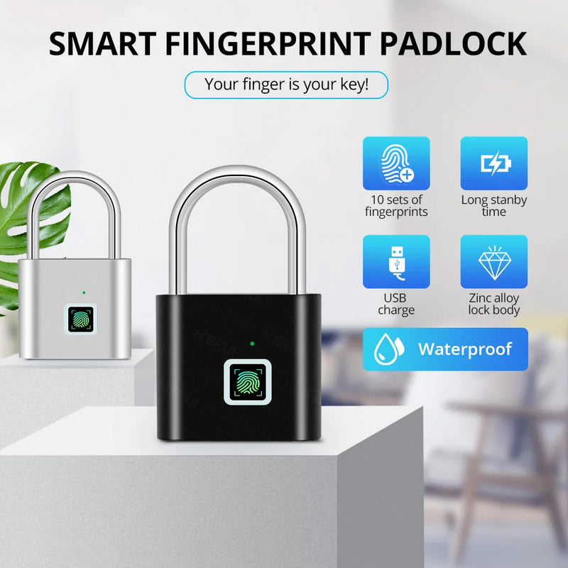 cadeado anti-furto maior segurança pra sua casa  Keyless USB Charging Fingerprint Lock Smart Padlock Waterproof Door Lock 0.2sec Unlock Portable Anti-theft Padlock Zinc