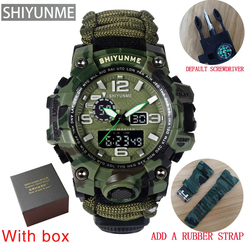 SHIYUNME-Relógio de Sobrevivência ao Ar Livre para Homens, Multifuncional, Impermeável, Militar, Tático, Paracord, Bússola, Termômetro, Quartzo