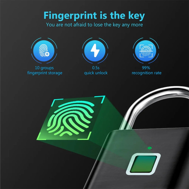 cadeado anti-furto maior segurança pra sua casa  Keyless USB Charging Fingerprint Lock Smart Padlock Waterproof Door Lock 0.2sec Unlock Portable Anti-theft Padlock Zinc